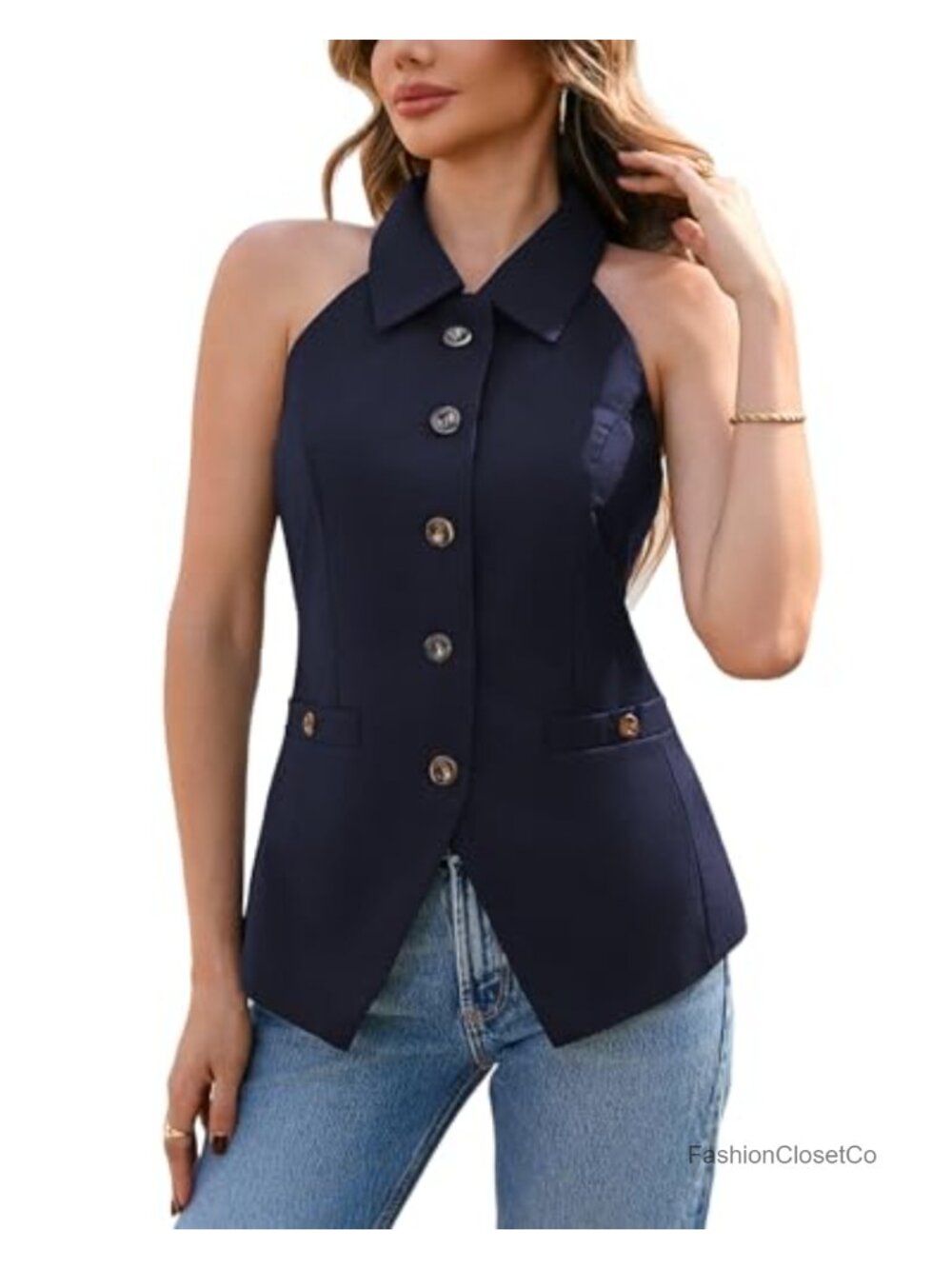 Halter Neck Button Down Sleeveless Vest Slim Fit Polyester Rayon